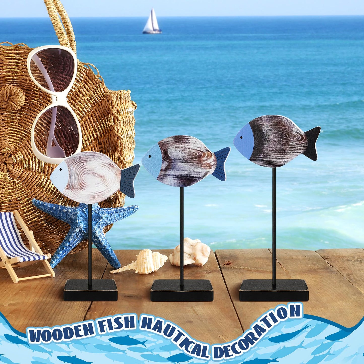 Yuntau 3 Pcs Wooden Sea Fish Table Decor Beach House Decor Rustic Wood Fish Decor Summer Coastal Farmhouse Decor Ocean Tiered Tray Decor for Home Office Bedroom Table Shelf Desk