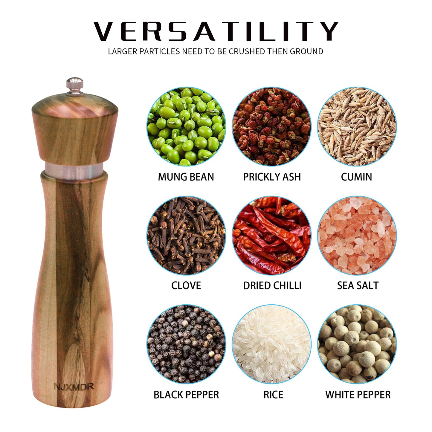 8-Inch Acacia Wood Salt and Pepper Grinders with Adjustable Ceramic Mechanism,Refillable Mills for Fine or Coarse Spices