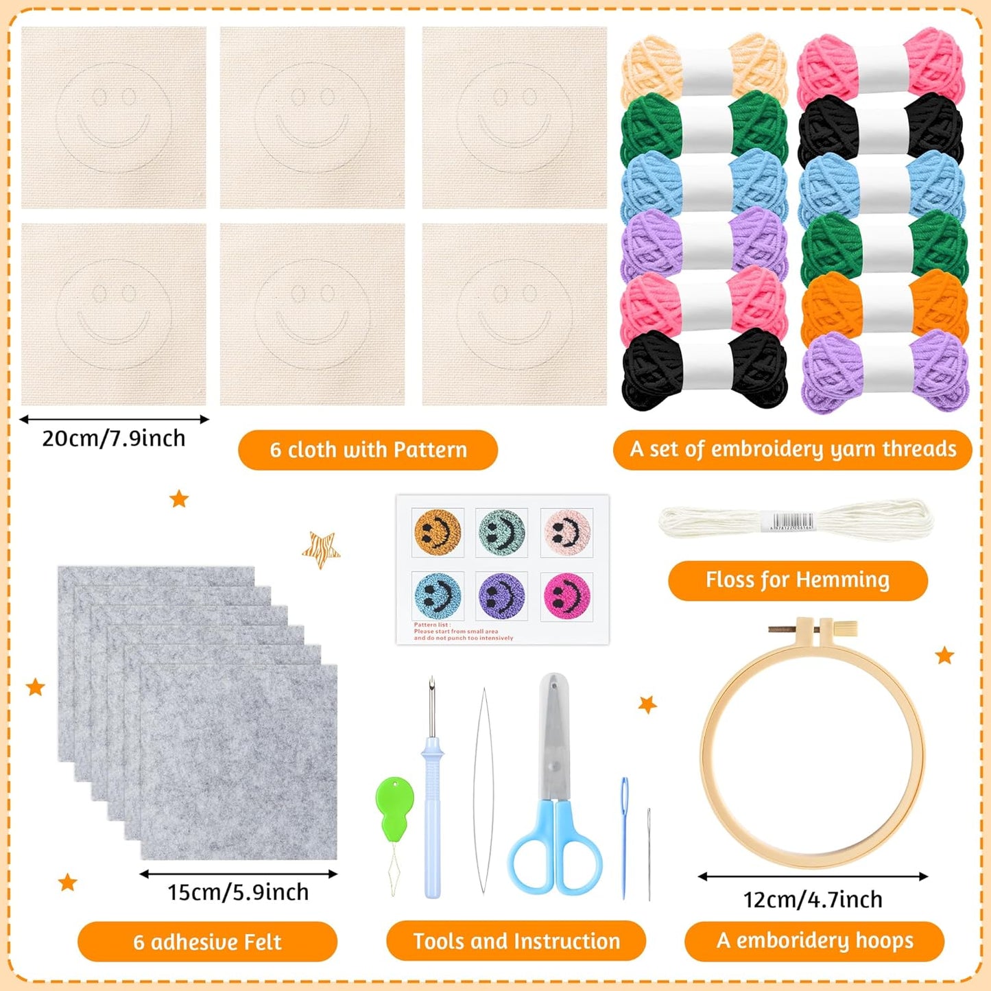 FoszaSzept Smile Punch Needle Coaster Kit, 22Pcs Embroidery Needle Coasters Crafts for Beginners, Easy DIY Mug Tufted Making Set with 6 Patterns Hoop Self Adhesive Felt Cloth Threading Device Gifts