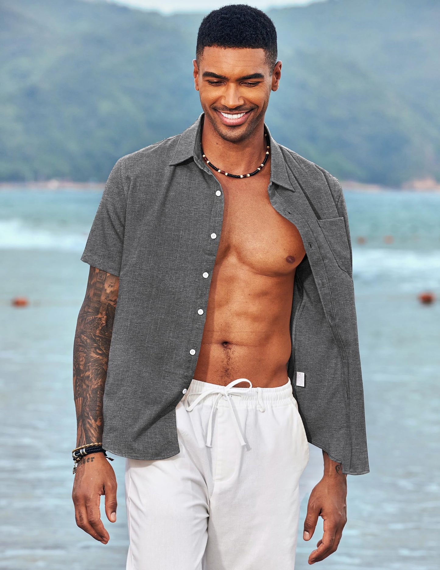 COOFANDY Men's Casual Button Down Shirt Chambray Plain Short Sleeve Dress Shirt