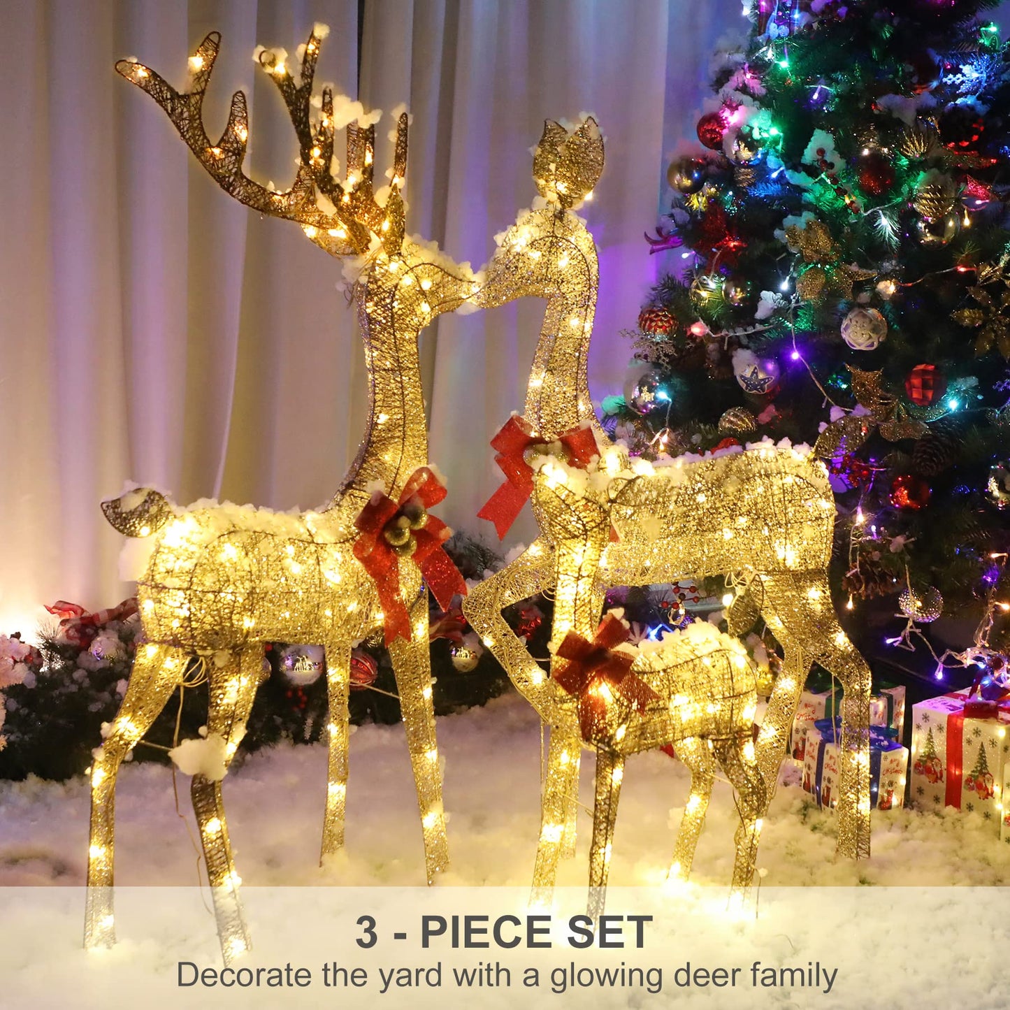 Lighted Christmas Decoration Deer 3 Piece, HOYECHI Light up Christmas Decor Reindeer Family Set for Indoor Outdoor Front Yard Porch with LED Lights, Plug, Ground Stakes - Gold