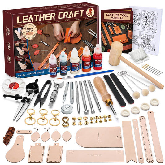 Leather Crafting Kit: Leather Working Tools and Supplies for DIY Craft Beginners Stamping Dyeing Carving Sewing Edge Sealing with Video Tutorials for Earrings Wallet Keychain Wristband Bookmark