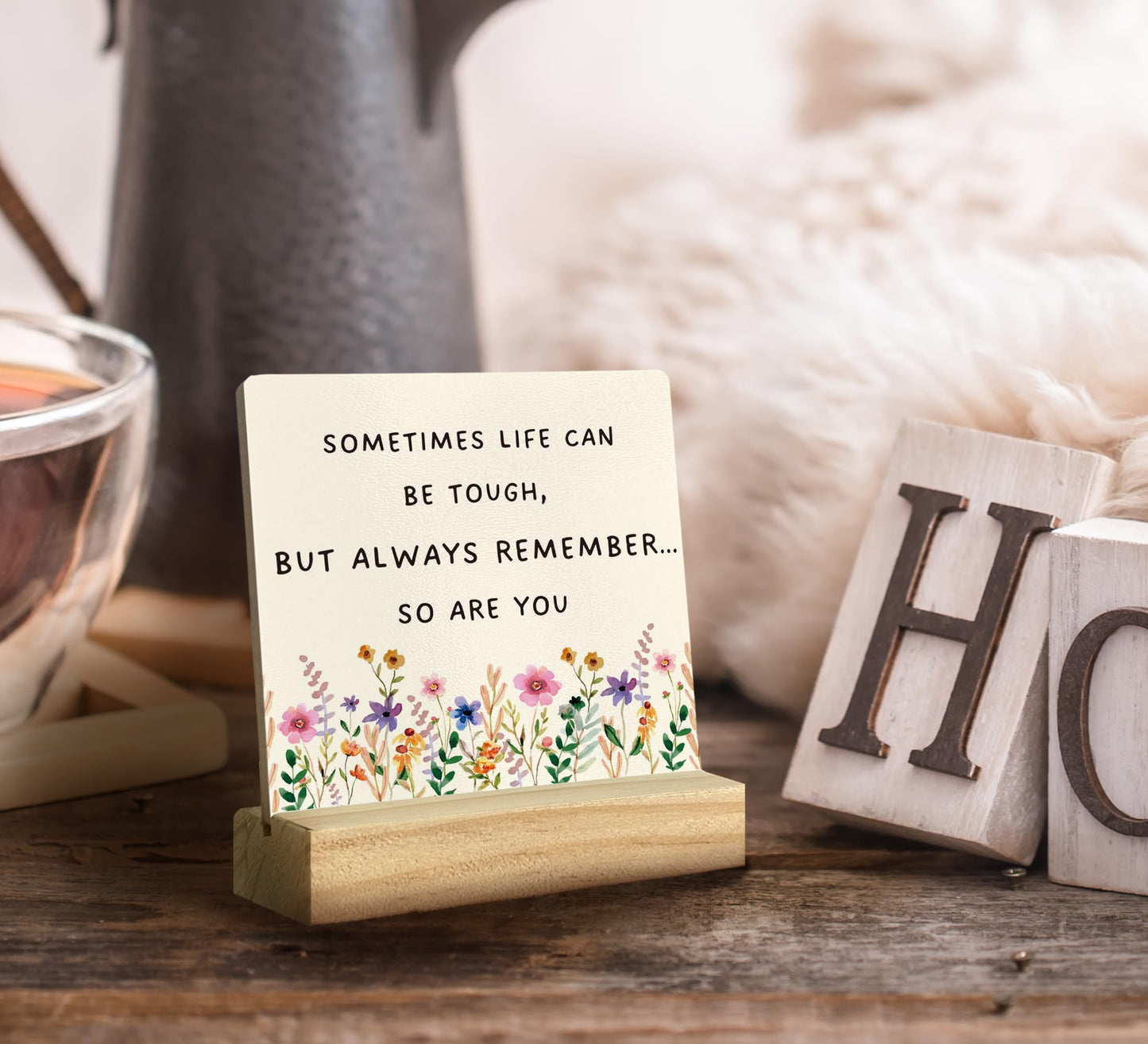 QASHWEY Motivational Desk Decor, Inspirational Desk Decor Floral Wood Table Signs, Inspirational Gifts for Women Friends, Sometimes Life Can be Tough Wooden Plaque with Wooden Stand for Home Office