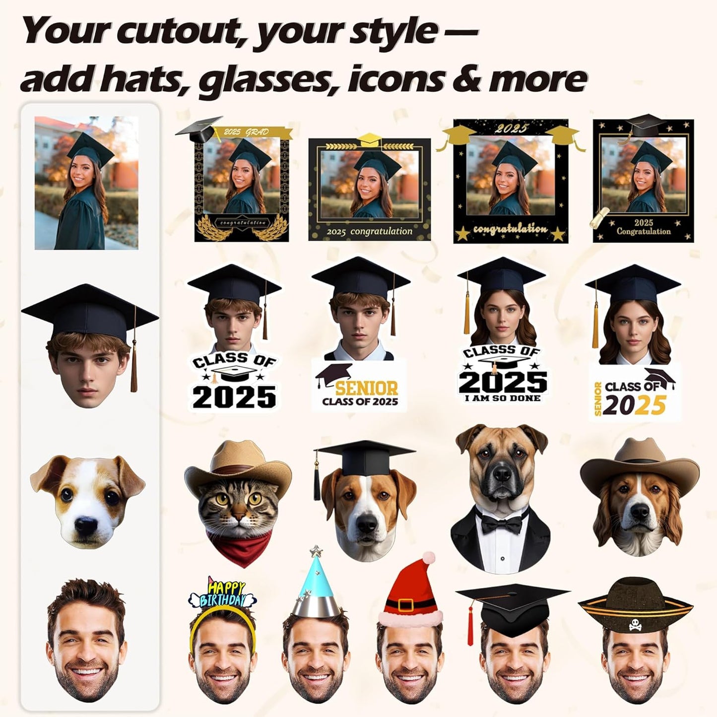 Custom Cutout Big Head Stick, 9 size options, Hand-Hold Fun Face, Party Fun, Graduation Decoration, Personalized Big Face, Life Size Cardboard Contour Cuts, Upload Your Own Photo, 12'' up to 36", 1 PC