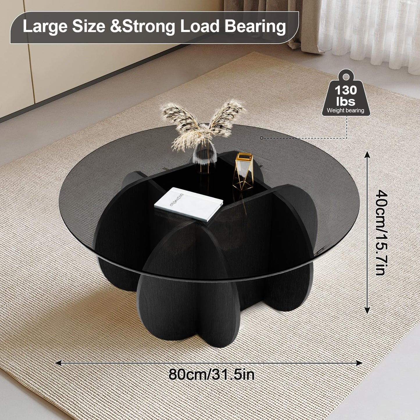 Coffee Table,31.5"Round Glass Coffee Table for Living Room Mid Century Modern Coffee Table Unique Circle Center Table with Wood Base Rustic Accent Center Cocktail Table for Home Small Space(black)