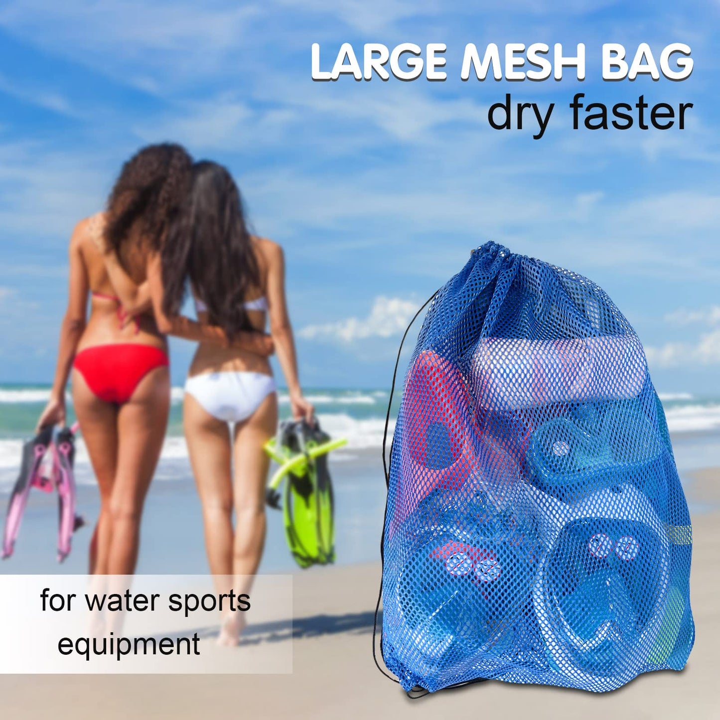 3 Pack Mesh Gear Bag Oversized 19" x 27" For Snorkel Scuba Swim Dive Gear Oversized Drawstring Net Bag for Sports Equipment, Gym, Beach, Pools Toys, Balls, Laundry, Scalloping Collect, Black & Blue