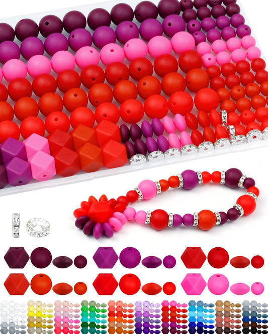 172PCS FIVEIZERO Silicone Beads for Keychain Making, 6 Mixed Colors Silicone Focal Beads Kit, 9mm & 15mm Round Lentil Hexagon Beads & Rhinestone Spacer Beads for Jewelry Making & Bracelets (Blue)
