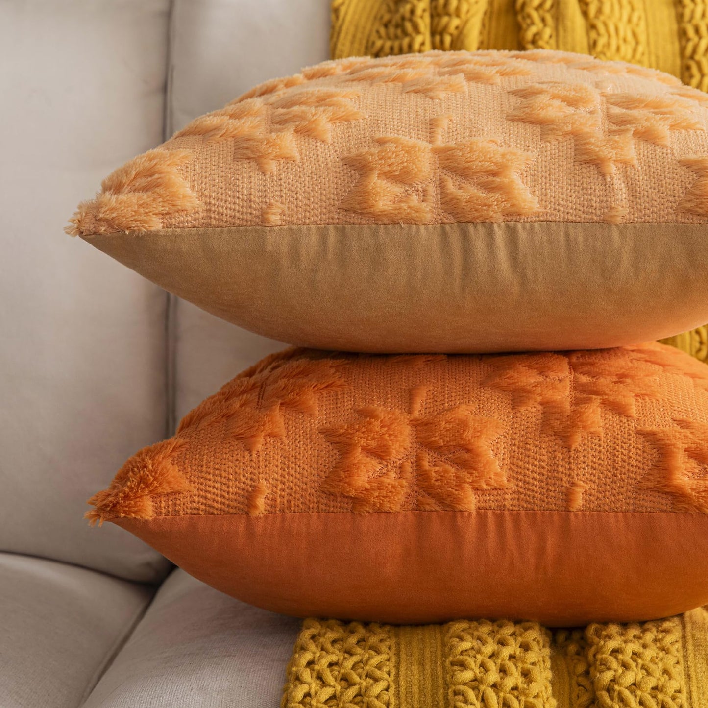 COSIBONO Maple Leaf Fall Throw Pillow Covers 20"x20" Set of 2, Light Gold Farmhouse Decorative Pillow Covers for Autumn Harvest Holiday Accent Pillow Cases, Faux Fur Pillow Covers for Couch Bed Room