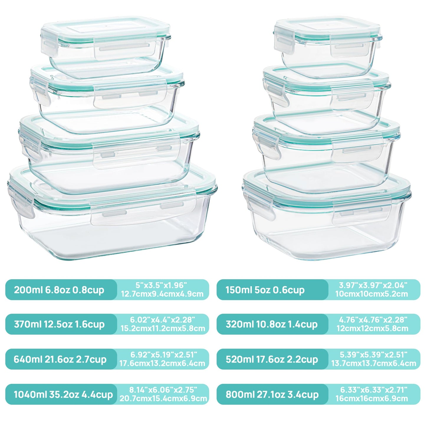 Vtopmart 8 Pack Glass Food Storage Containers with Airtight Lids, Glass Meal Prep Containers, Lunch Office Meal for Microwave, Oven, Freezer and Dishwasher, BPA Free