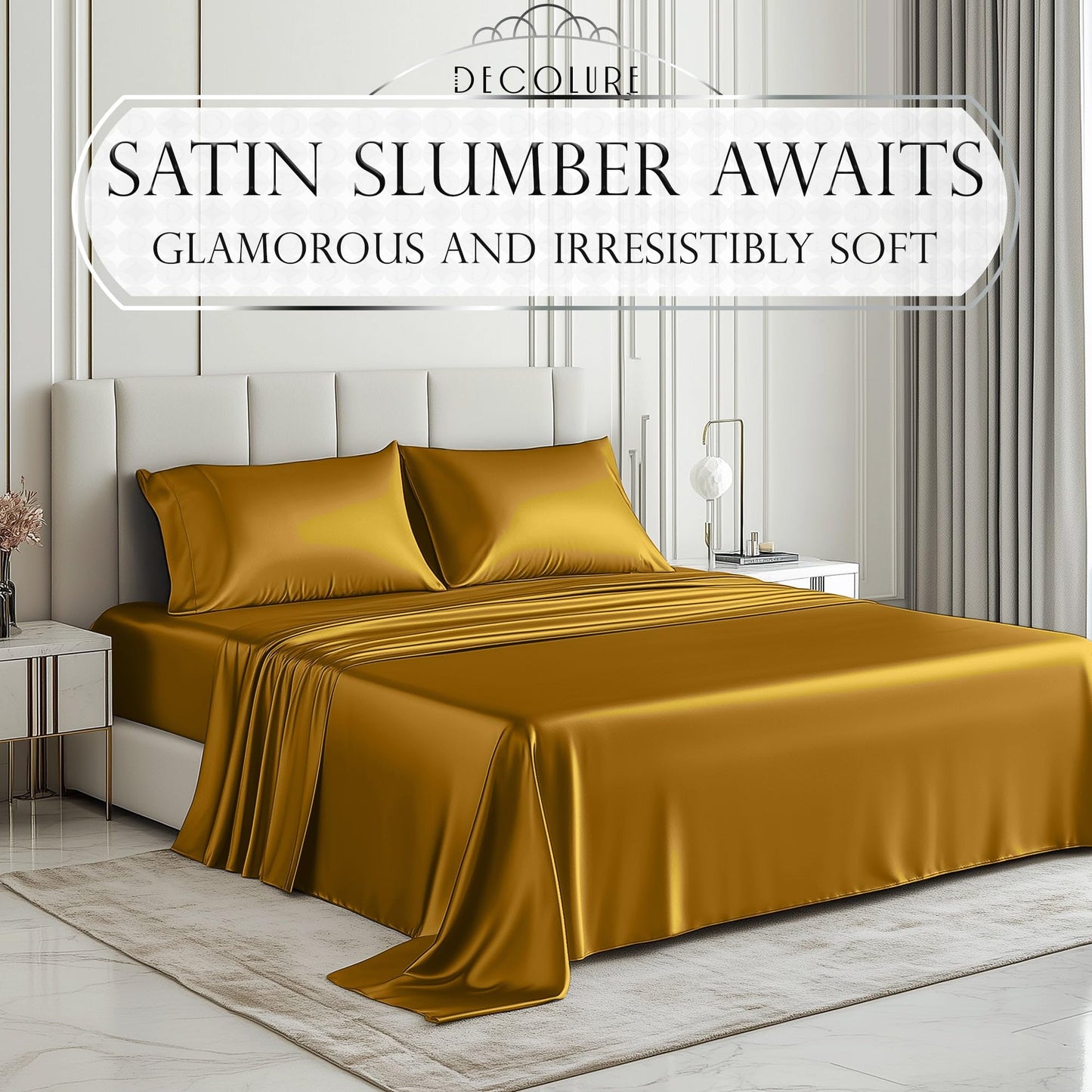 DECOLURE Satin Bed Sheets - 4 Piece Luxury Silky Queen Size Bedding Set - Softer Than Silk, Wrinkle-Free with 15” Deep Pocket Fitted Sheet, Perfect for Hair & Skin, Gifts for Women (Gold)