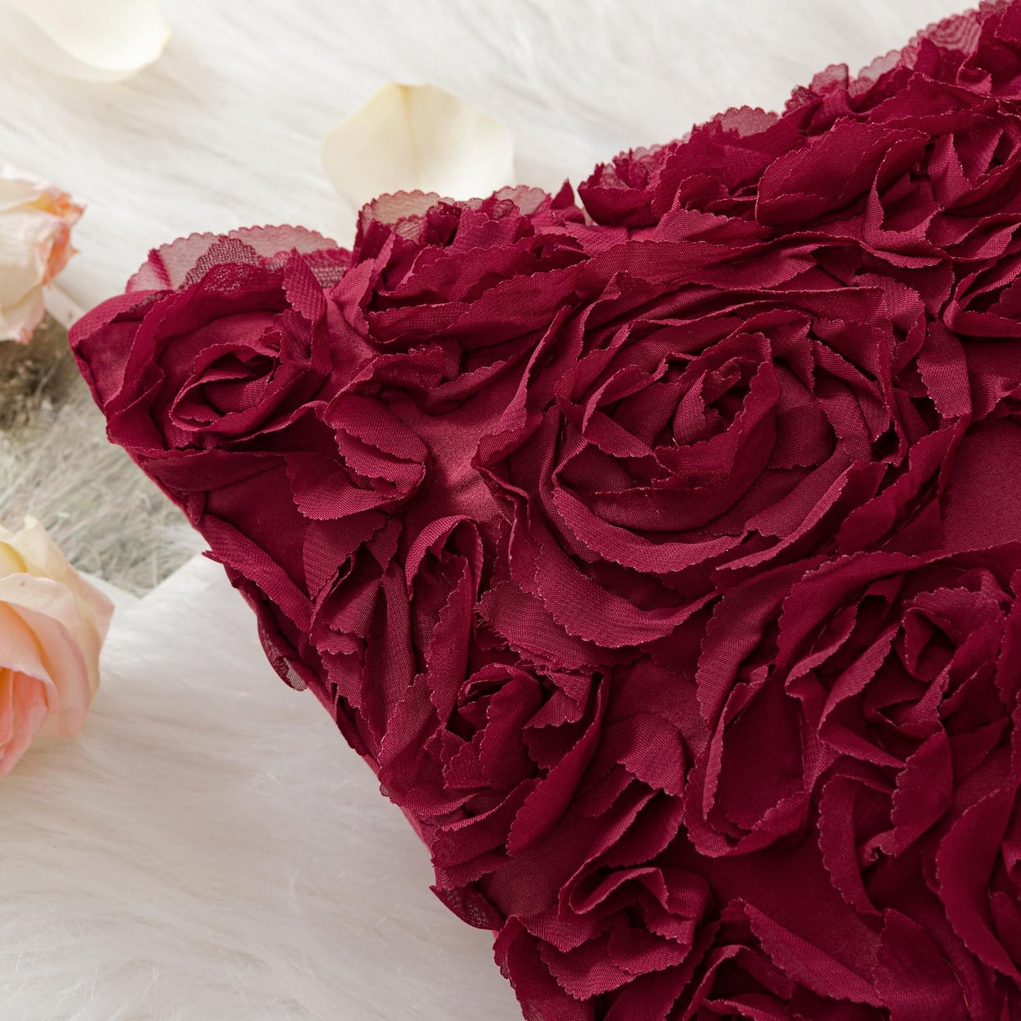 MIULEE 3D Decorative Romantic Valentines Stereo Chiffon Rose Flower Throw Pillow Cover Solid Pillowcase for Girl Women Wedding Sofa Bedroom Car Decor 12x20 Inch 30x50cm Wine Red
