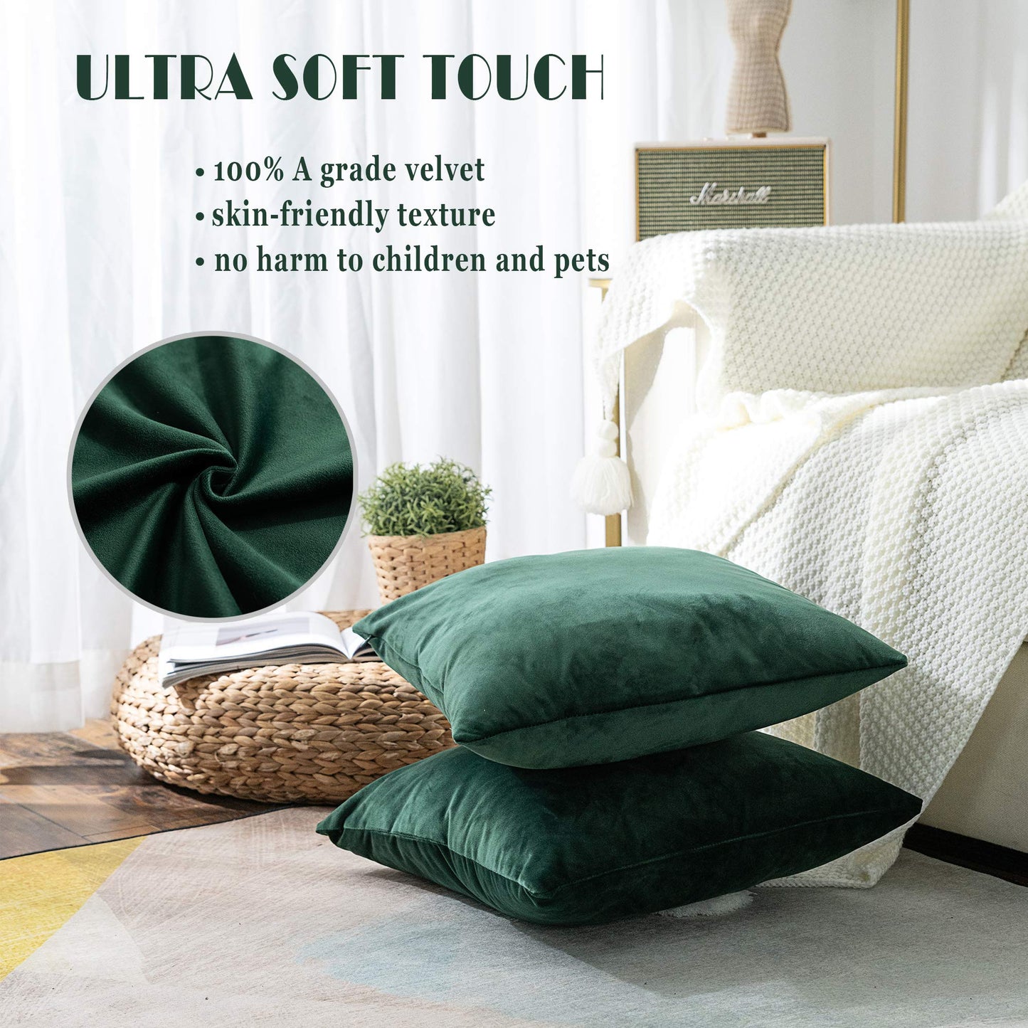 Stellhome Cozy Velvet Pillow Covers Square Decorative Throw Pillow Covers for Bed Couch Sofa Bench, 20 x 20 inch (50 cm), Olive, Pack of 2