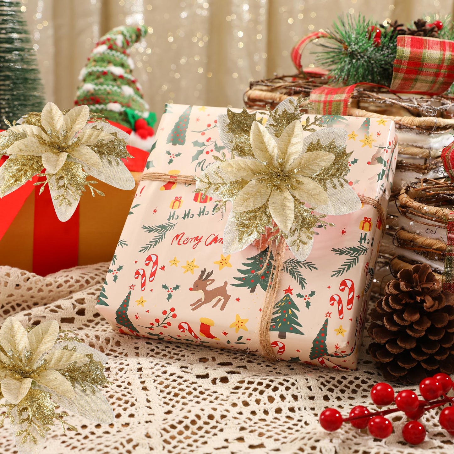 Kisflower 24PCS Poinsettia Artificial Flowers Gold Christmas Flower Decorations with Clips and Stems, Glitter Christmas Tree Ornaments for Xmas New Year Wedding Party (Gold)