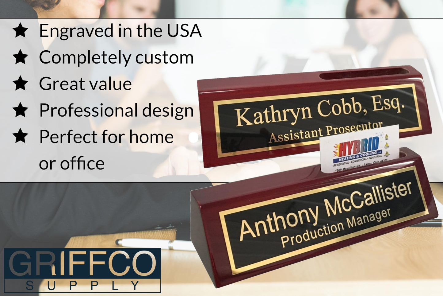 Name Plate for Desk Engraved in USA by Griffco Supply | Desk Name Plate Personalized Engraved with Business Card Holder