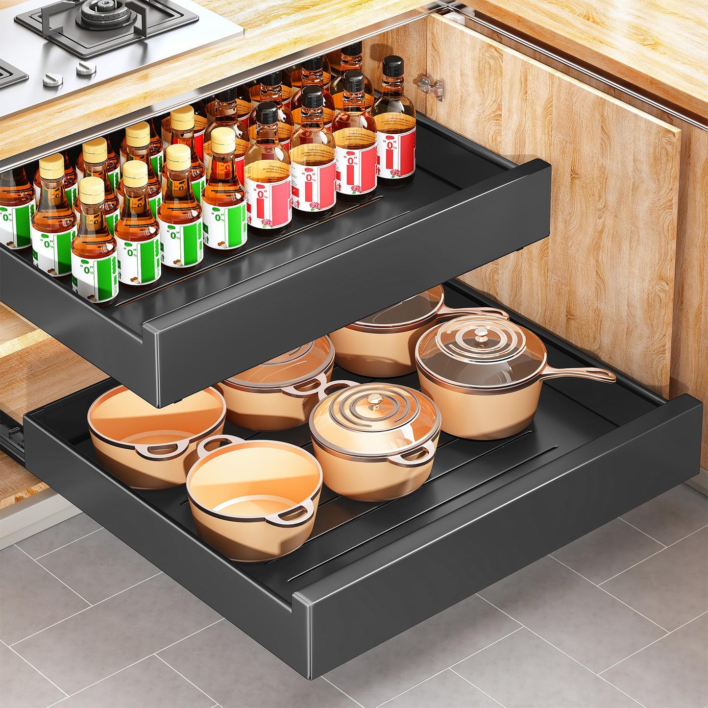 Pull out Cabinet Organizer, 21"Deep, Heavy Duty Full-Extension Slide out Drawers for Kitchen Cabinets with Nano Adhesive, Roll Out Shelf Sliding Cabinet for Pots, Bathroom, Pantry, Under Sink, Black