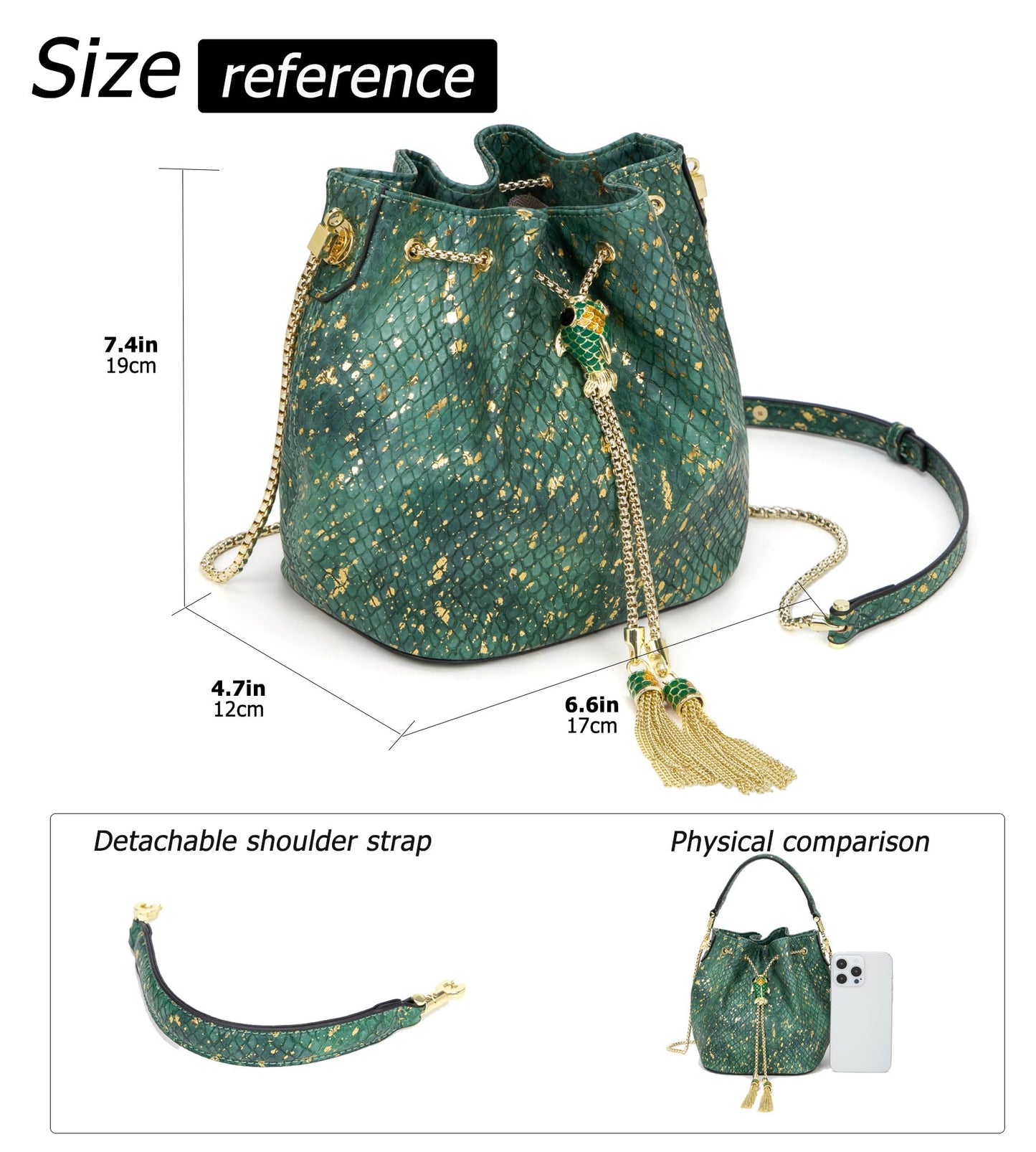 myfriday Leather Crossbody Bucket Bag for Women Luxury Drawstring Bag Evening Shoulder Bag with Datchable Chain Strap