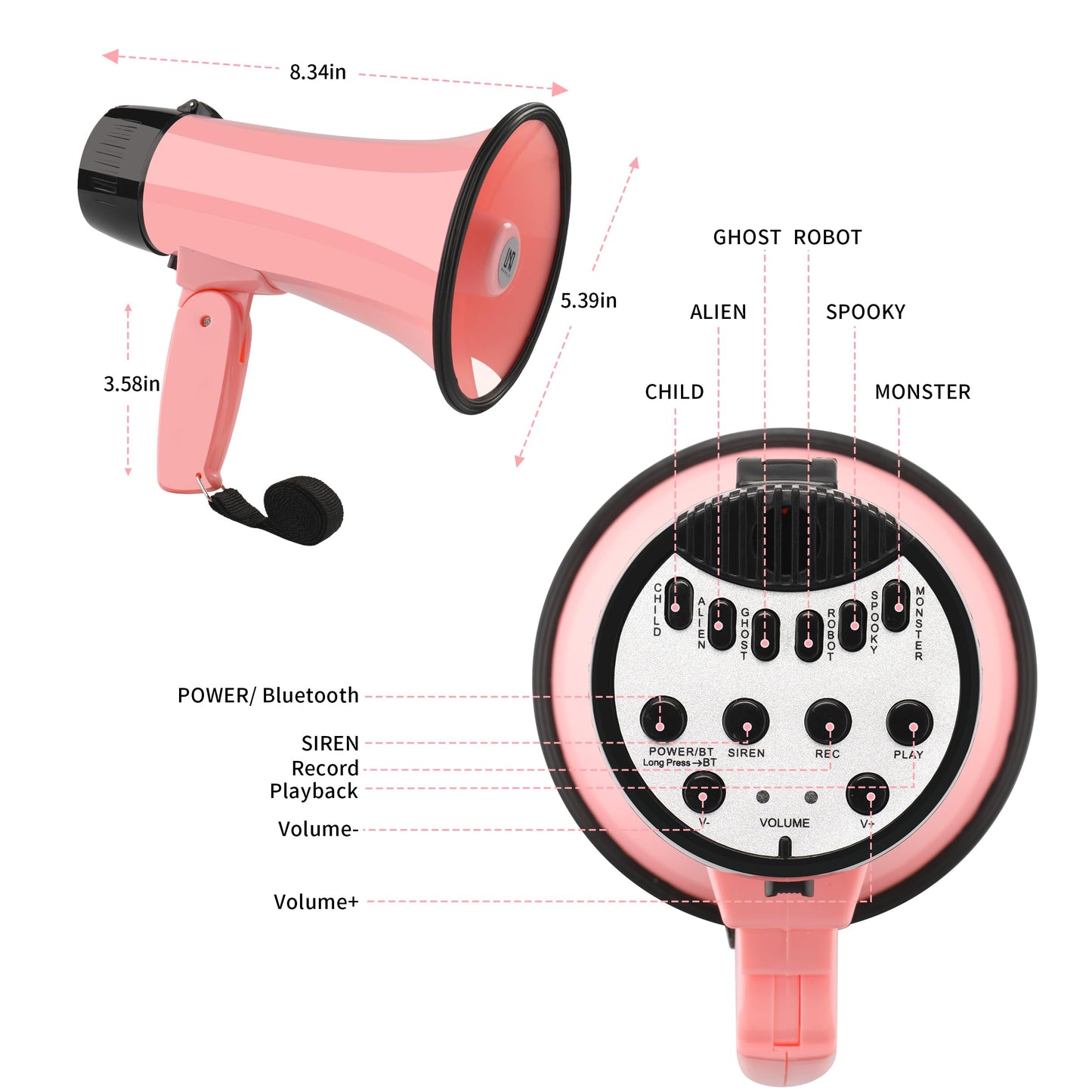 MGROLX 20W Megaphone Bullhorn| Bull Horn Loud Speaker with Bluetooth | Mega Phone Built-in Siren & Whistle Plus Recording funcation | Voice Changer for Adults, Kids, Party Games and Outdoor (Pink)