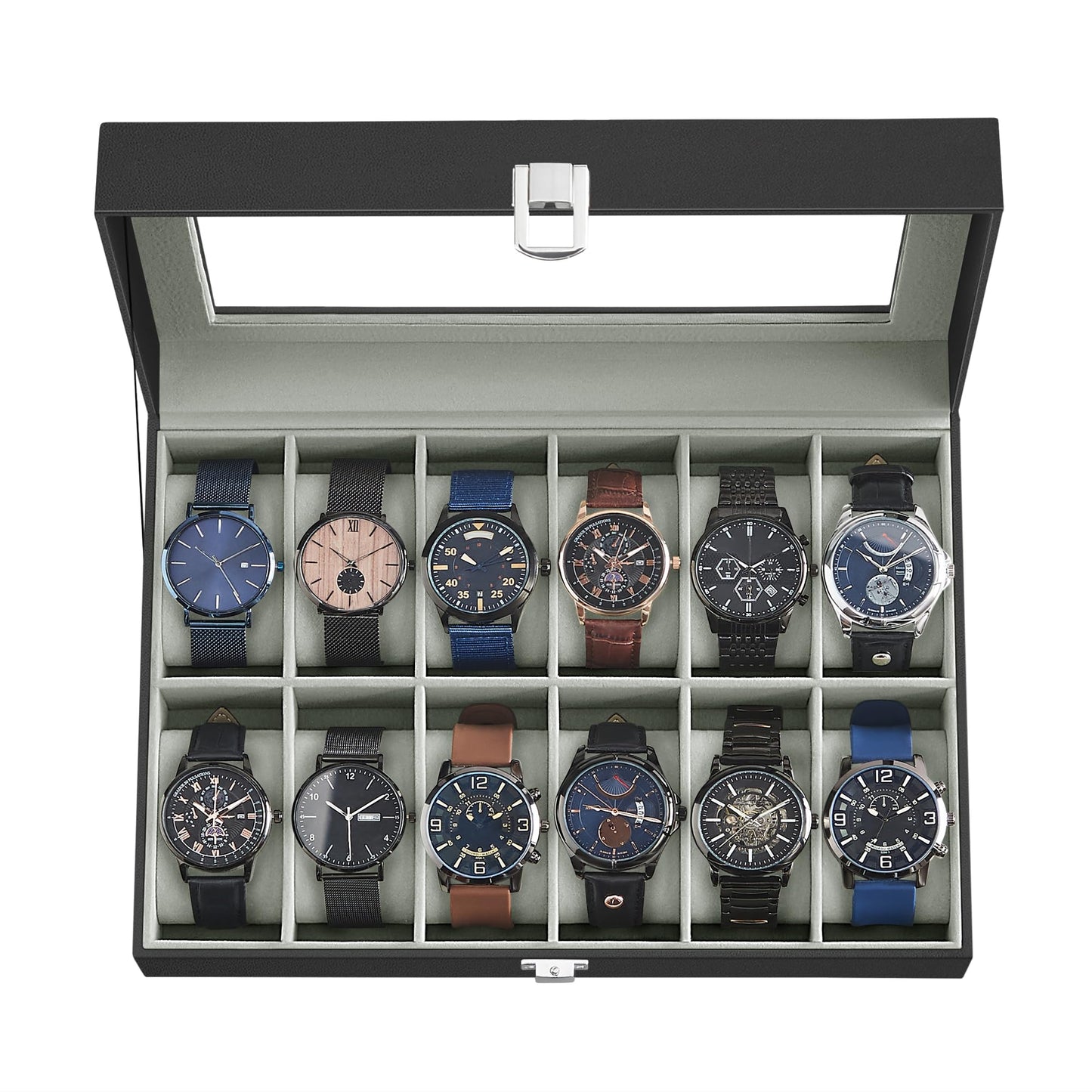 SONGMICS Watch Box, 12-Slot Watch Case with Large Glass Lid, Removable Watch Pillows, Watch Box Organizer, Gift for Loved Ones, Black Synthetic Leather, Gray Lining UJWB12BK