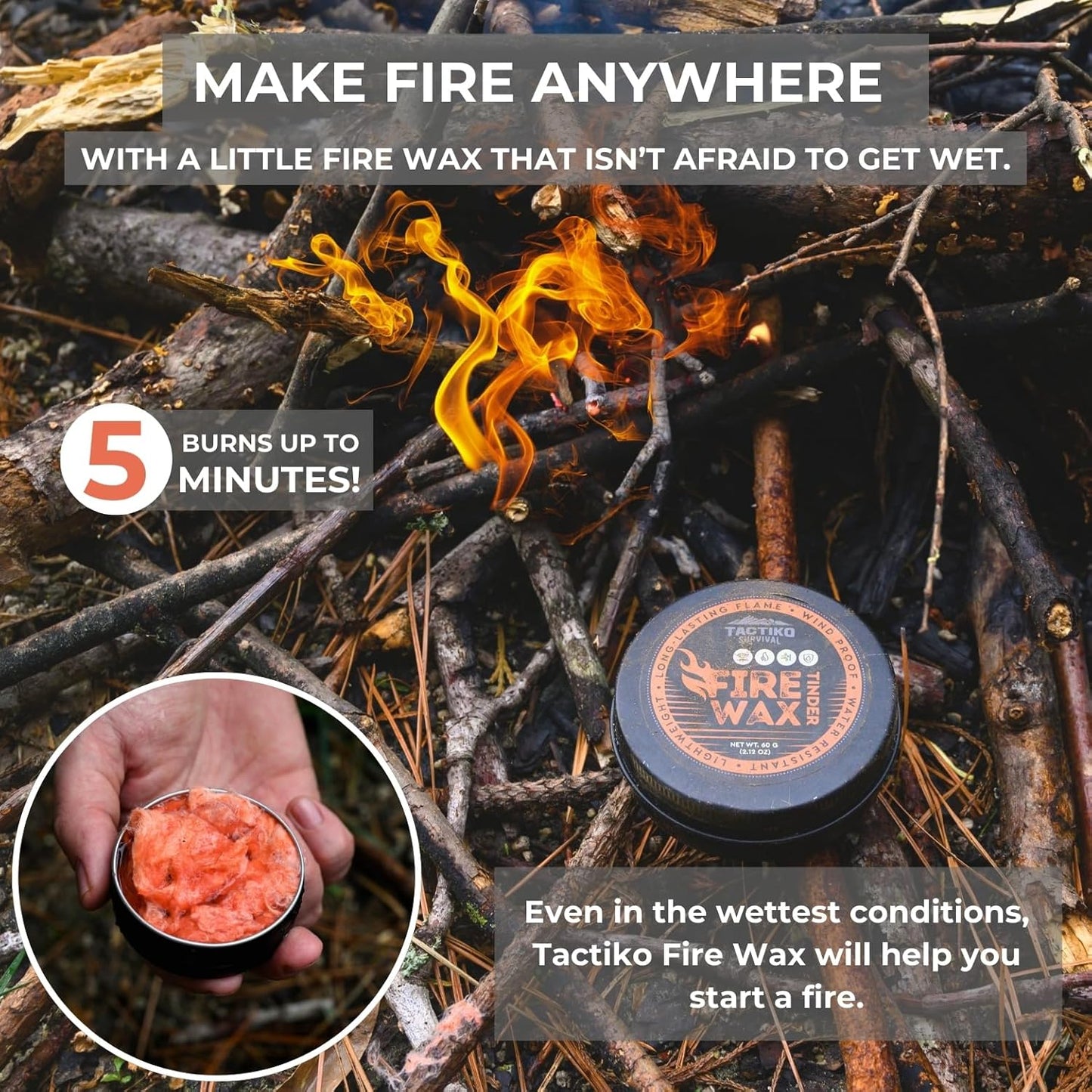 Tactiko Fire Wax - Burns Up to 5 Minutes, 50 Uses, 60g - Perfect for Wet Wood - Compact, Water & Wind Resistant - Camping Gear, Survival Kit, Hikers, Emergency Use - U.S. Company
