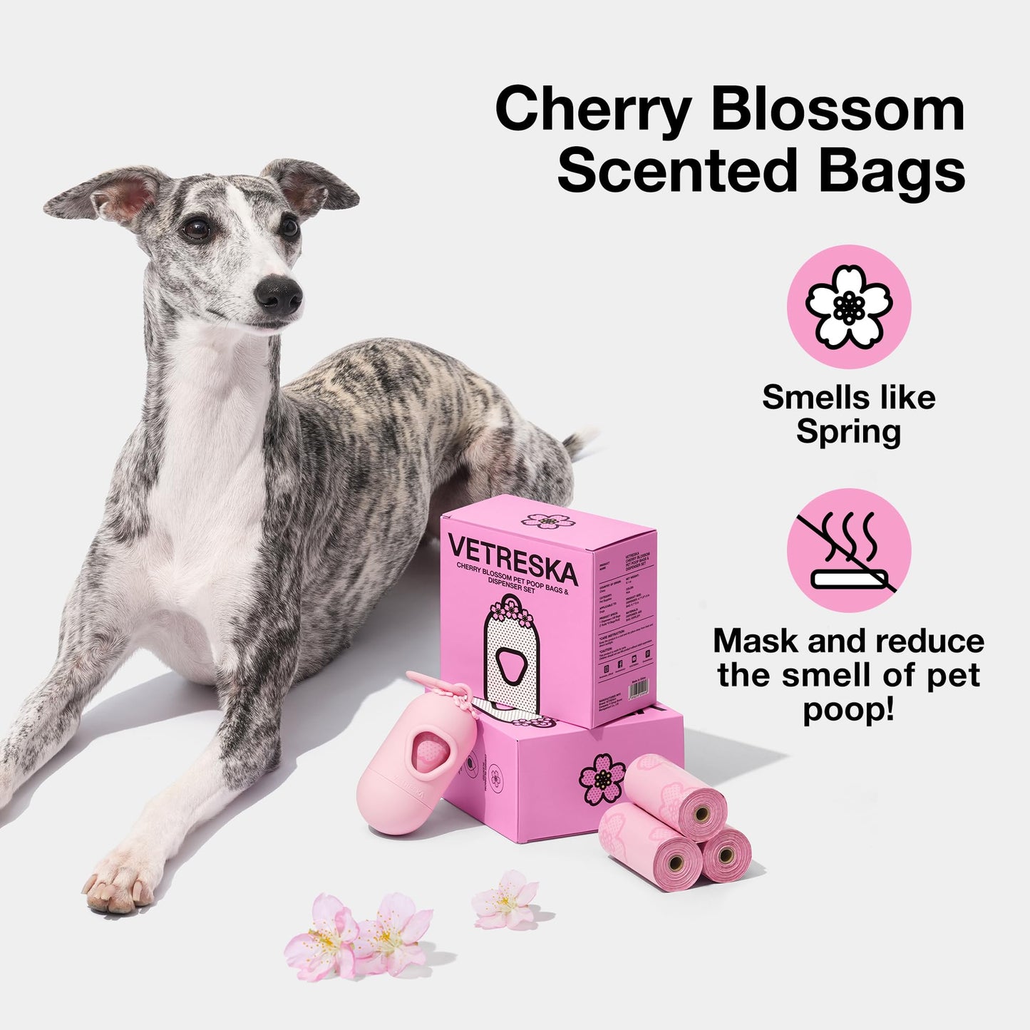 VETRESKA Dog Poop Bag Dispenser with Cherry Blossom Scented Poop Bags, Leak Proof and Extra Thick Pet Waste Bags, 1 Poop Bag Holder and 105 Bags for Dog Walking and Cats Litter, Pink