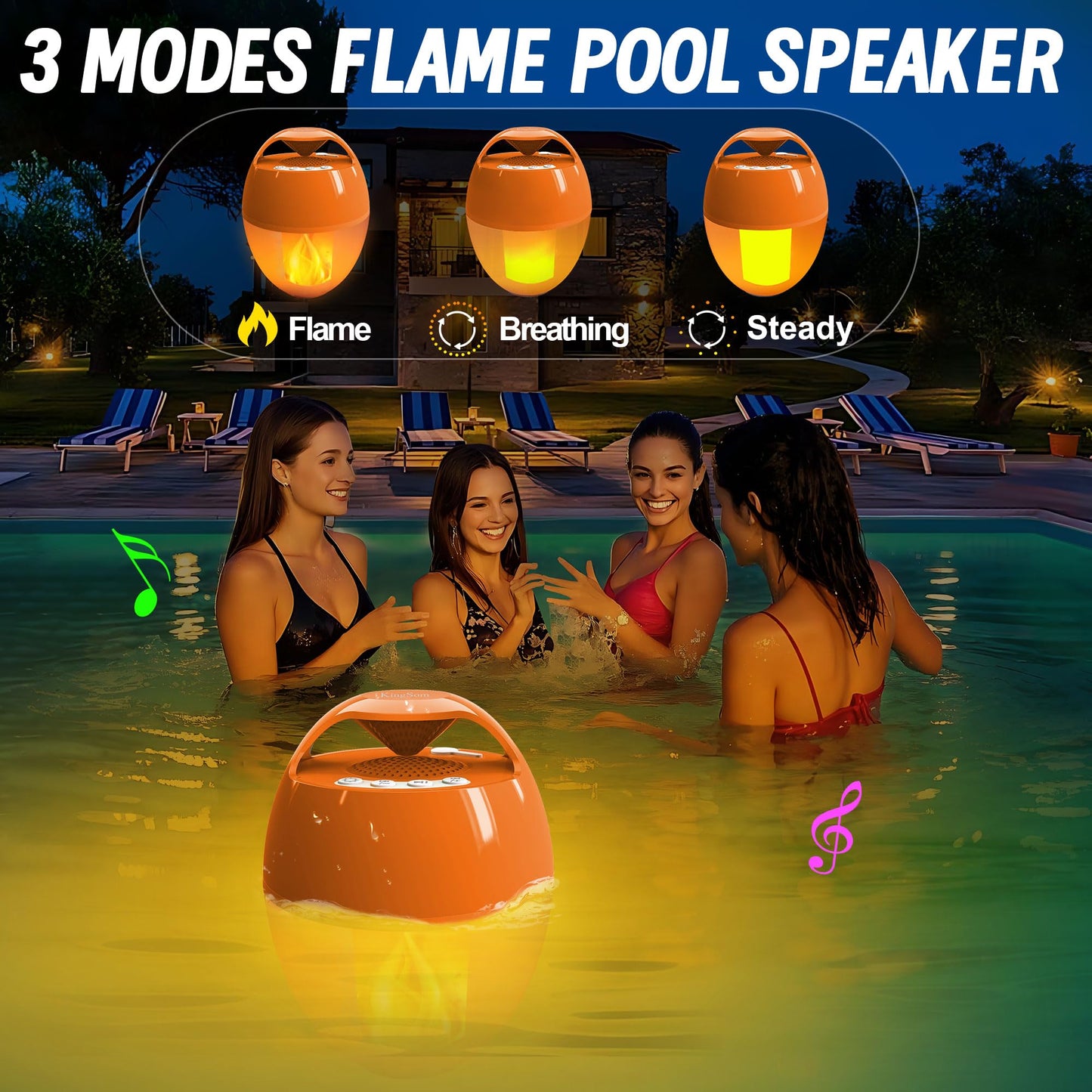 KingSom Bluetooth Pool Speaker, Floating Pool Speakers with LED Flame Light, IP68 Waterproof Hot Tub Speakers,Floating Bluetooth speaker for Pool,Loud Stereo Sound,Hands-Free,24H Playtime pool Speaker
