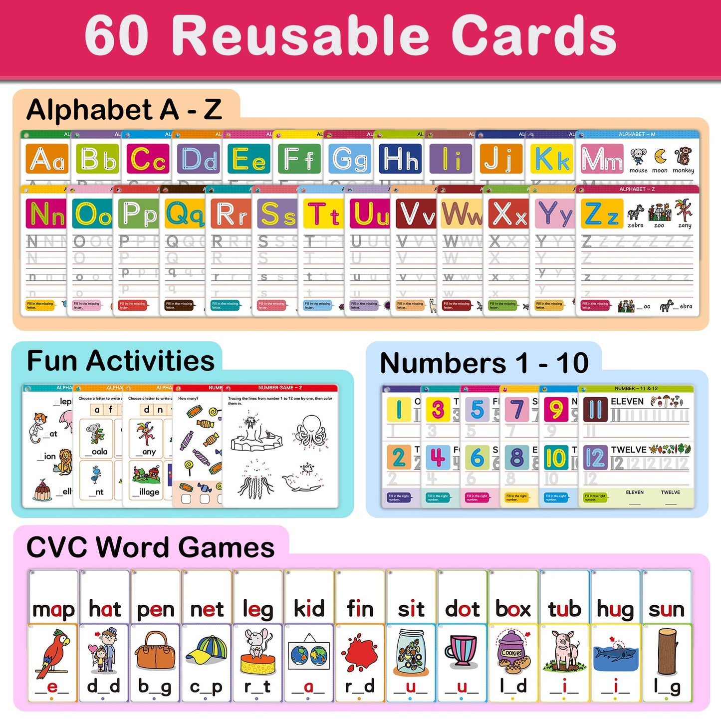 HOQEEWIPE Preschool Learning Activities - Reusable Handwriting Tracing Books for Kids, PreK Kindergarten Workbooks, CVC Word Game, Numbers & Alphabet Educational Learning Toys for 3, 4, 5, 6 Year Old