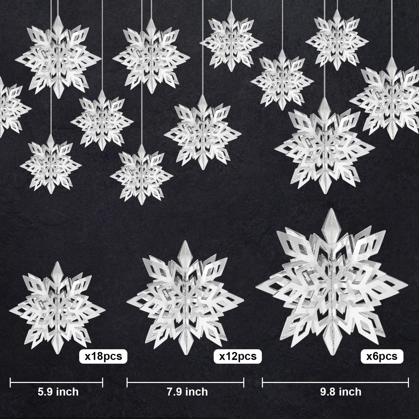 36PCS Christmas Snowflake Decorations, 3D Large Silver Paper Snowflakes Garland Hanging Snow Flakes for Winter Wonderland Christmas Party Decorations Holiday New Year Home Decor, Silver