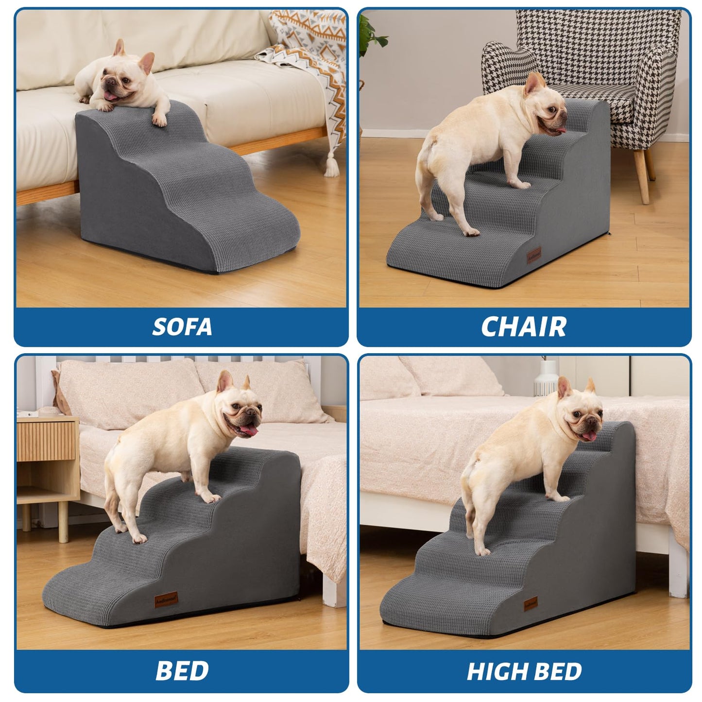 3-Step Dog Ramp and Stairs for Sofa and Chair - Non-Slip Sturdy Pet Steps for Small Dogs and Cats,15.7" H,Grey