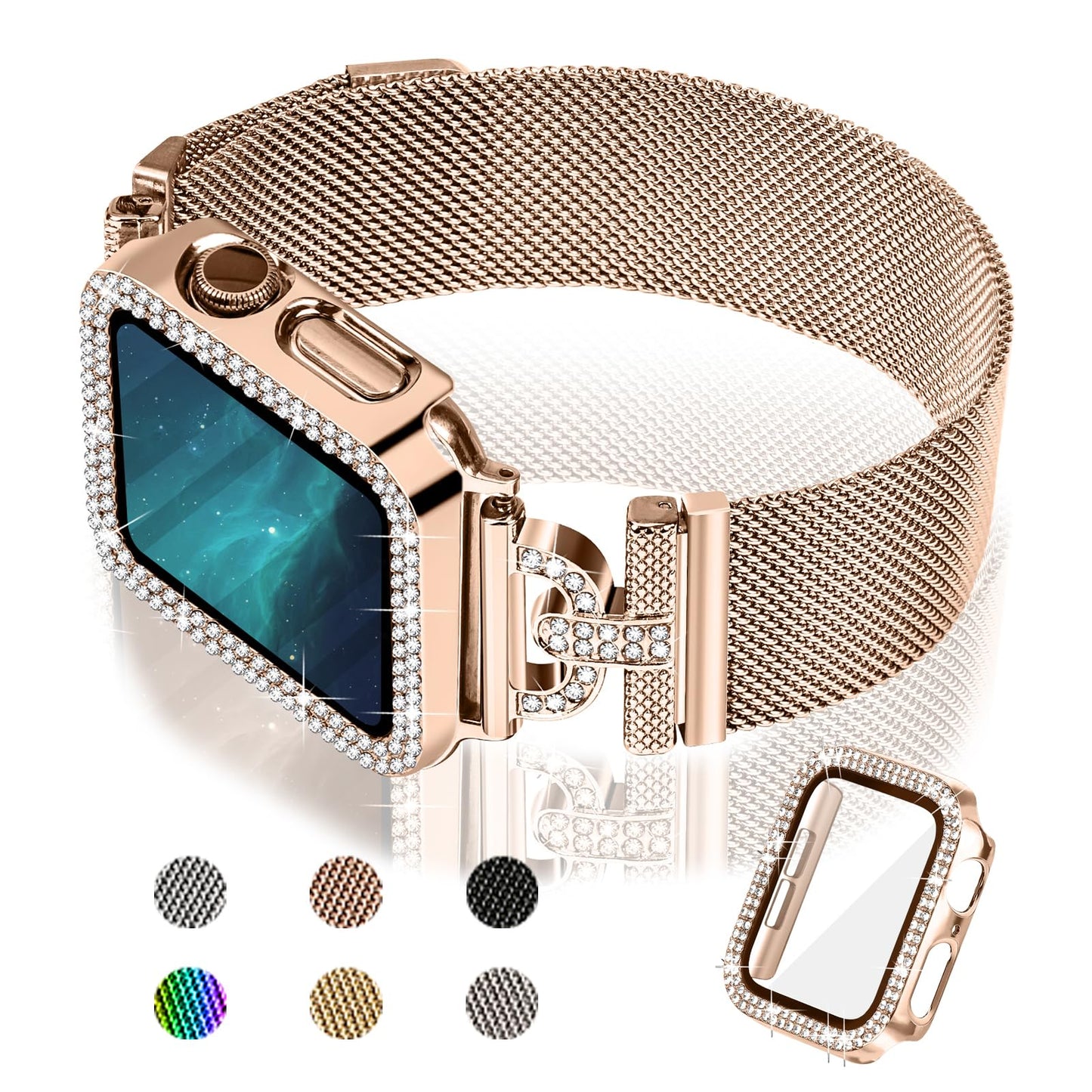 Joyozy Magnetic Band Compatible with Apple Watch Band 38mm 40mm 41mm 42mm 44mm 45mm 46mm Milanese Strap with Bling Case and Screen Protector, Dressy Stainless Steel iWatch Loop for Women (Rose Gold 40mm)