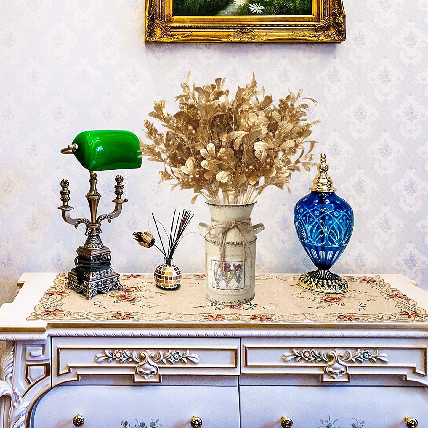 PASYOU Fake Plants Christmas Decorations, Golden Artificial Flowers Plastic Grass Shrubs Leaves Indoor Outdoor Home Garden Party Hotel Verandah Wedding Event Bouquet Faux DIY Decor - Gold 4 Pack