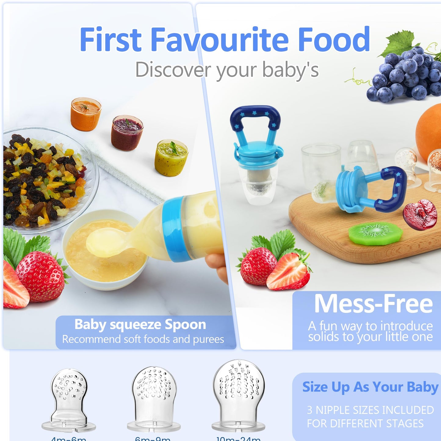 WAJIAYON Baby Fruit Feeder Pacifier | Infant Food Feeder Pacifier & Food Dispensing Spoon | Fresh Fruit Teethers for Babies | Silicone Feeder Baby,Mesh Feeder Shower Gifts for Boys and Girls(Blue)