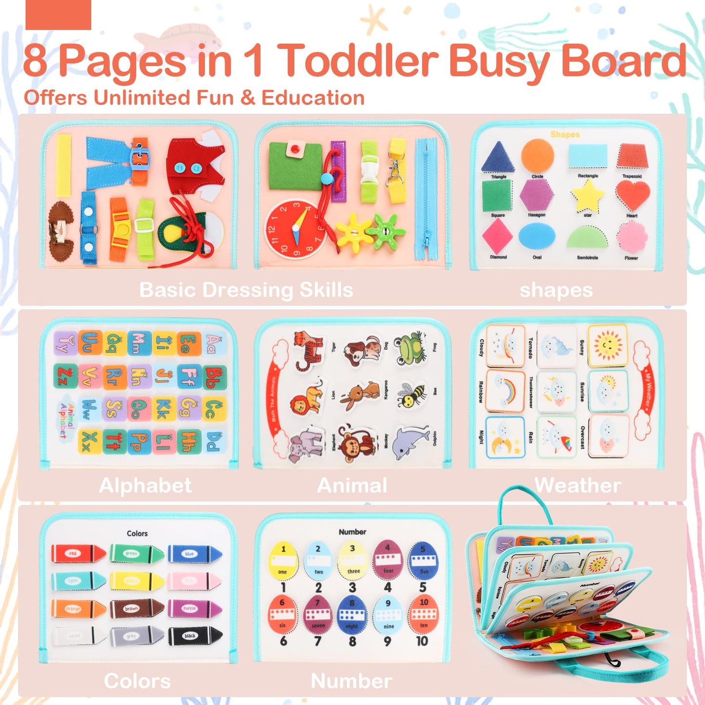 Toddler Busy Board Montessori Toys for Toddlers 1-3 Year Old Educational Activity Book Board Sensory Travel Toys Ages 2-4 Preschool Learning Fine Motor Skills Toy Quiet Book Gift for Kids