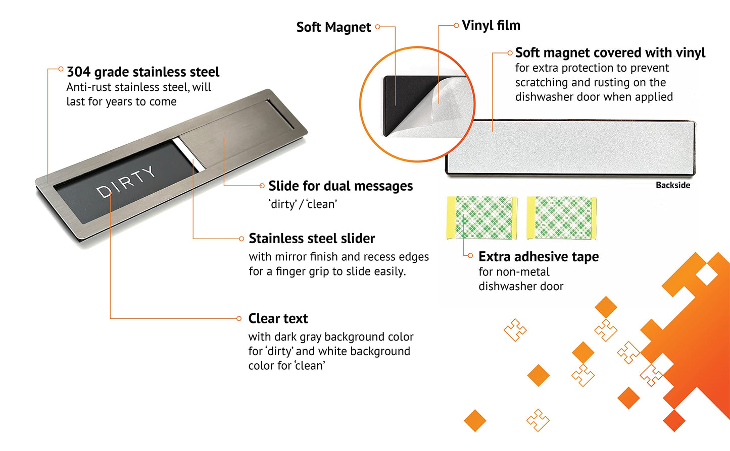 Dishwasher Magnet Clean Dirty Sign, Kubik Letters Premium Stainless Steel Grade 304, Kitchen Organizers and Storage Decor Accessories, Extra Adhesive Tapes Included.