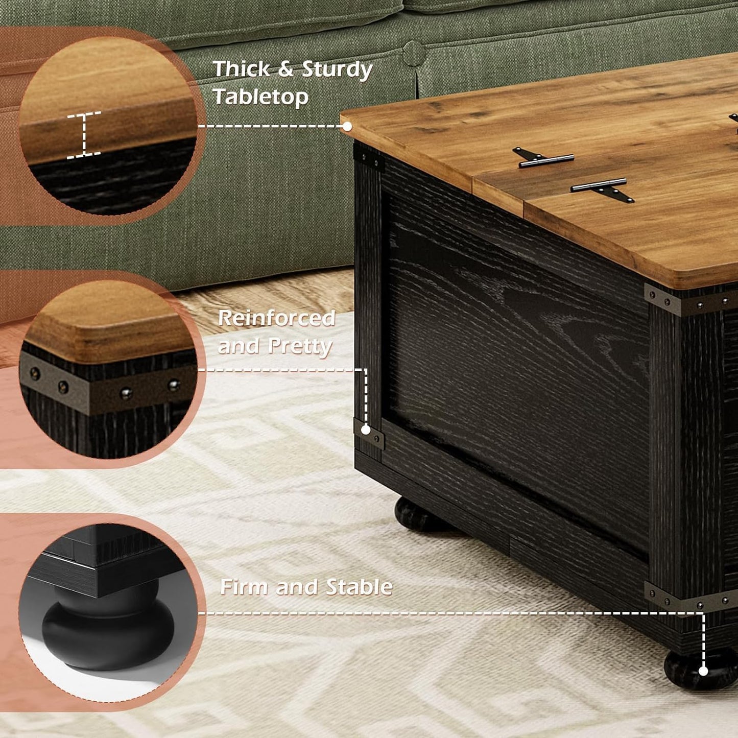 MaverickFurni Farmhouse Coffee Table with Storage, Black Lift Coffee Tables for Living Room, Square Coffee Table with Wood Gourd Feet and Hydraulic Gas Rod, Black