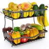 Zurklulu 2-Tier Fruit Basket for Kitchen Counter with 2 Banana Hangers – Metal Fruit Bowl for Onion, Vegetable, Snacks, Breads Storage – Countertop Organizer – Black, Large