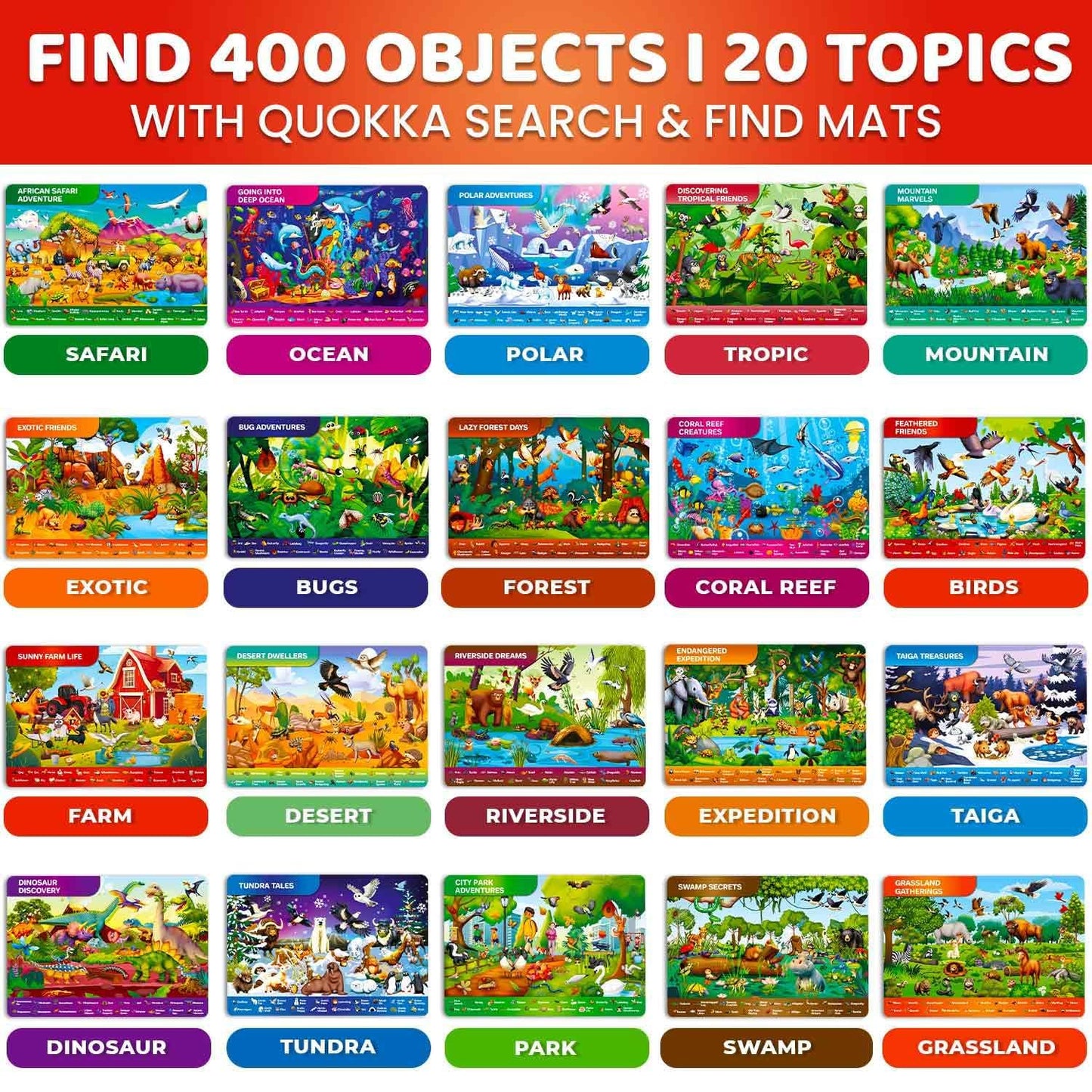 QUOKKA Busy Book Handwriting Practice for Kids - Search & Find - Activity Cards for Kids 3-8 – Reusable Mats with Dry-Erase Marker, Explore 20 Topics, Road Trip Activities, and Travel Games