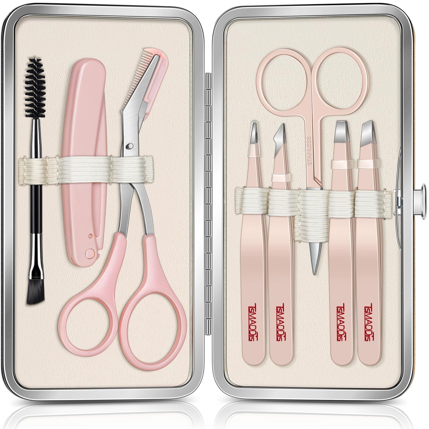 TsMADDTs Tweezers for Women Facial Hair, 8 in 1 Eyebrow Kit with Tweezers, Eyebrow Trimmer Scissors, Razor, Brush with Travel Bag, Hair Plucking Daily Beauty Tools