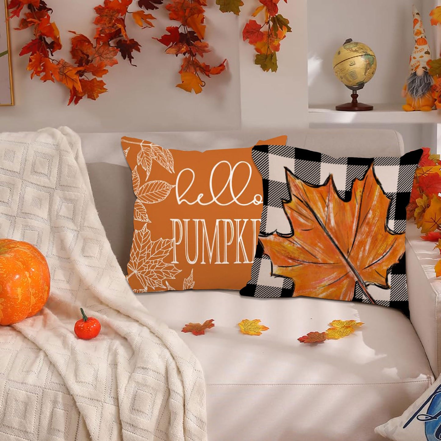 VORA Fall Pillow Covers 18x18 Thanksgiving Pillow Covers Set of 4, Orange Decorative Throw Pillow Covers with Pumpkin Outdoor Fall Farmhouse Decorative, Thanksgiving Themed for Couch