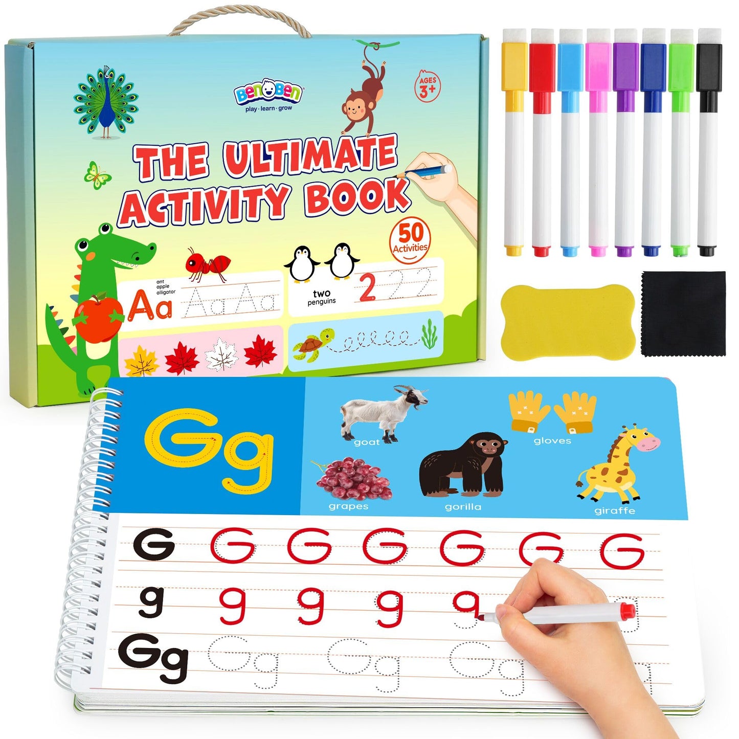 BenBen Preschool Learning Activities, 50 Pages, Tracing Books for Kids Ages 3-5, Kindergarten Workbooks, Toddler Writing Practice, Pre K Busy Book Educational Toys, Autism Learning Materials