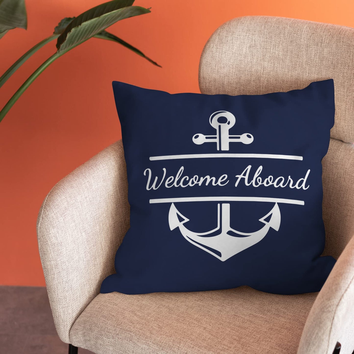 Burosev Welcome Aboard Soft Throw Pillow Cover, Navy Blue Boat Anchor Decorative Pillowcase, Nautical Sailing Farmhouse Decor Decorations for Home Bedroom Sofa Living Room(18 x 18 Inch)