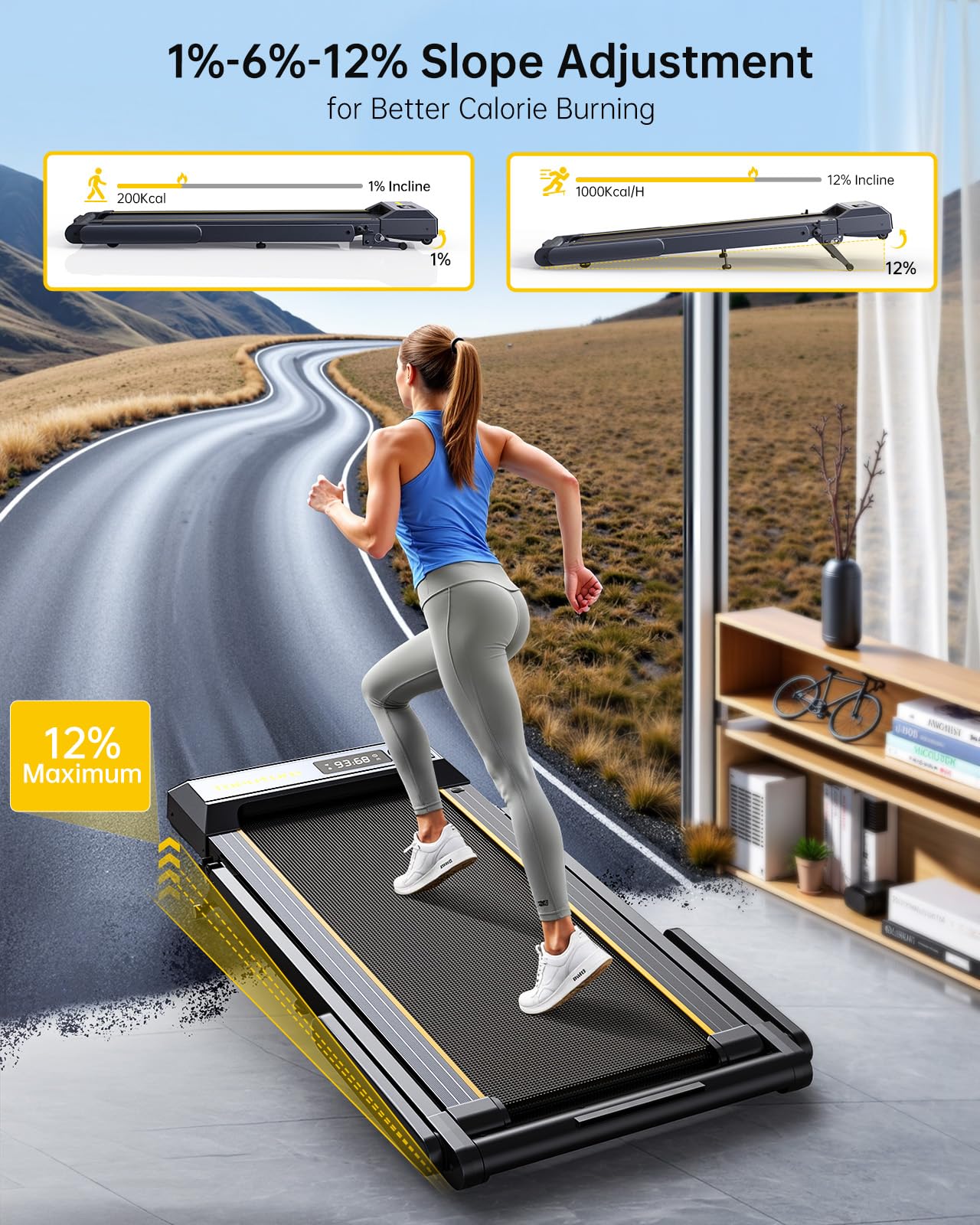 TOPUTURE Walking Pad Treadmill with 12% Incline, 4 in 1 Folding Treadmill for Home/Office with Handle Bar, 2.5HP Under Desk Treadmills Portable Walking Pad with App & Bluetooth Speaker, 0.6-10MPH