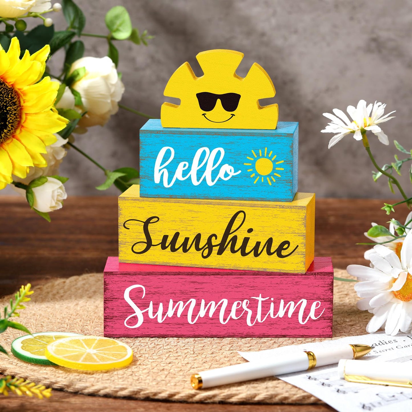 Yuntau Summer Table Decor Hello Sunshine Wooden Block Sign Farmhouse Summertime Beach Tiered Tray Decor Rustic Table Centerpieces Summer Decorations for Home Desk Shelf Mantle Office Decorations