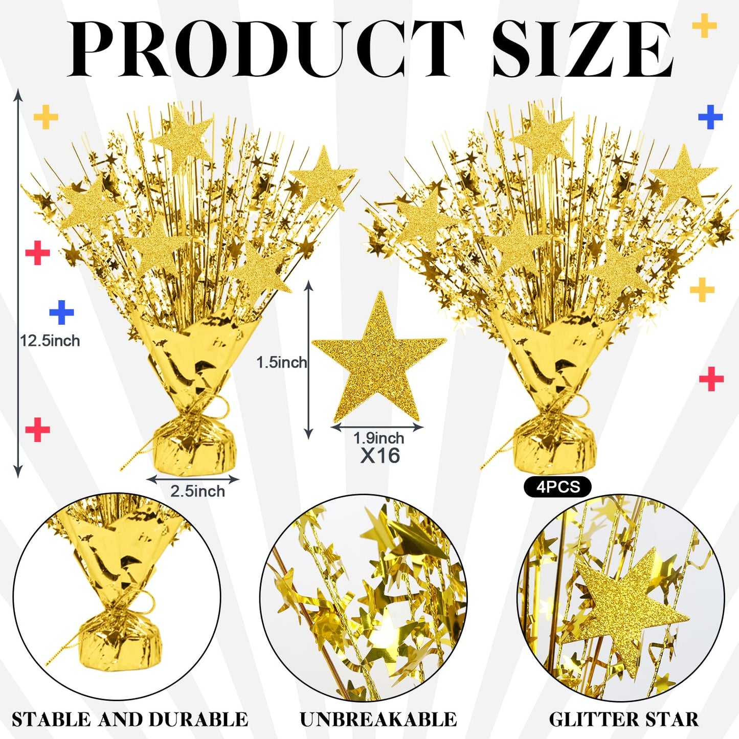 LACGO 4 PCS Metallic Foil Spray Centerpieces for Table - 12’’ Gold Centerpieces Decors with Star Party Favor Supplies for Wedding Birthday Baptism Graduation Celebration Home Decorations