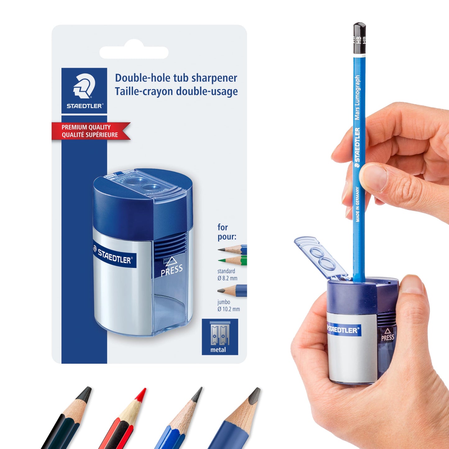 STAEDTLER Pencil Sharpener with 2 Holes - Dual Size Manual Sharpener for Standard, Colored & Makeup Pencils - Compact Design