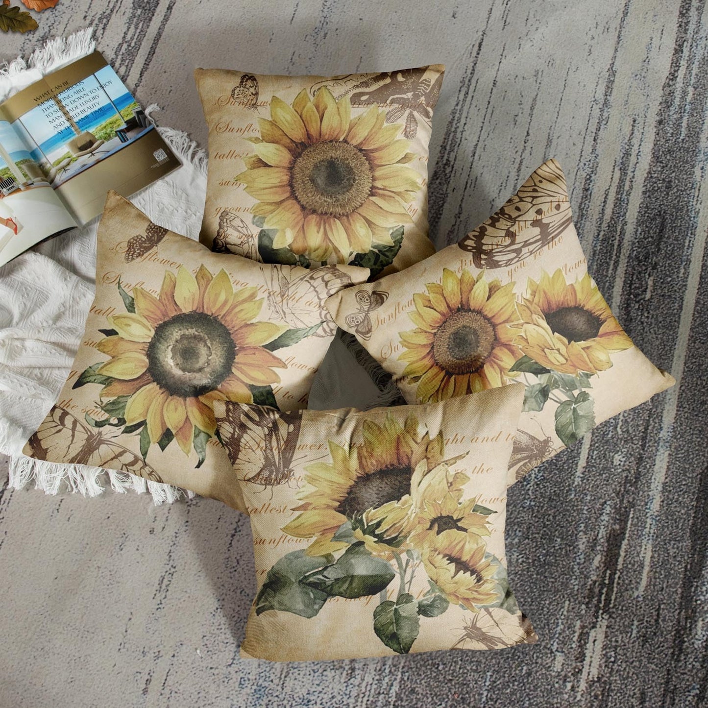 Sanwarm Throw Pillow Covers Home Decor Set of 4 Floral Sunflower Yellow Flower Green Pillow Cases Decorative 18 x 18 Inches Outdoor Cushion Couch Sofa Pillowcases