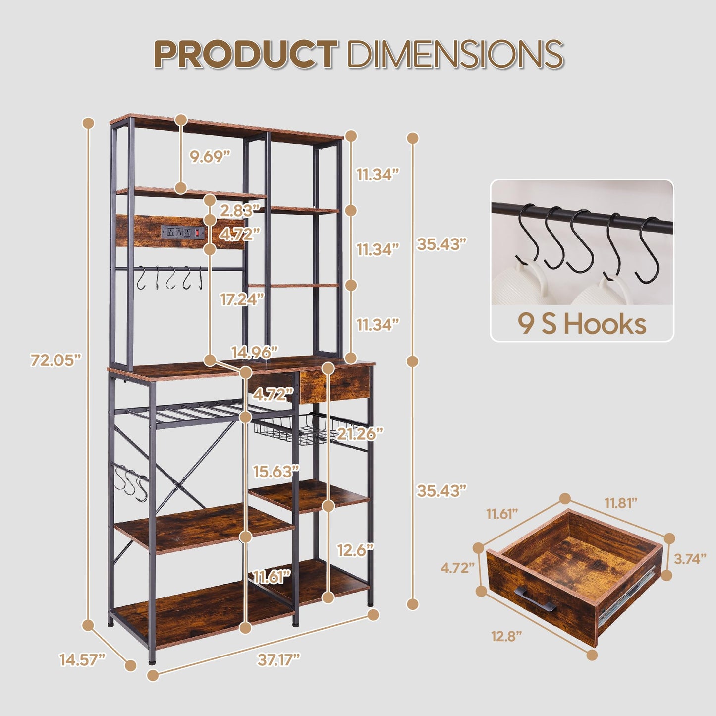 Large Bakers Rack with Power Outlets, 37.1 Kitchen Bakers Rack with Storage, 5-Tier Microwave Stand Kitchen Storage Rack with 9 S-Shaped Hooks and Wire Basket