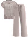 ANRABESS Women Two Piece Outfits Crochet Sheer Knit Sweater Top Wide Leg Pants Lounge Matching Sets Sweatsuit Travel Clothes light khaki X-Large