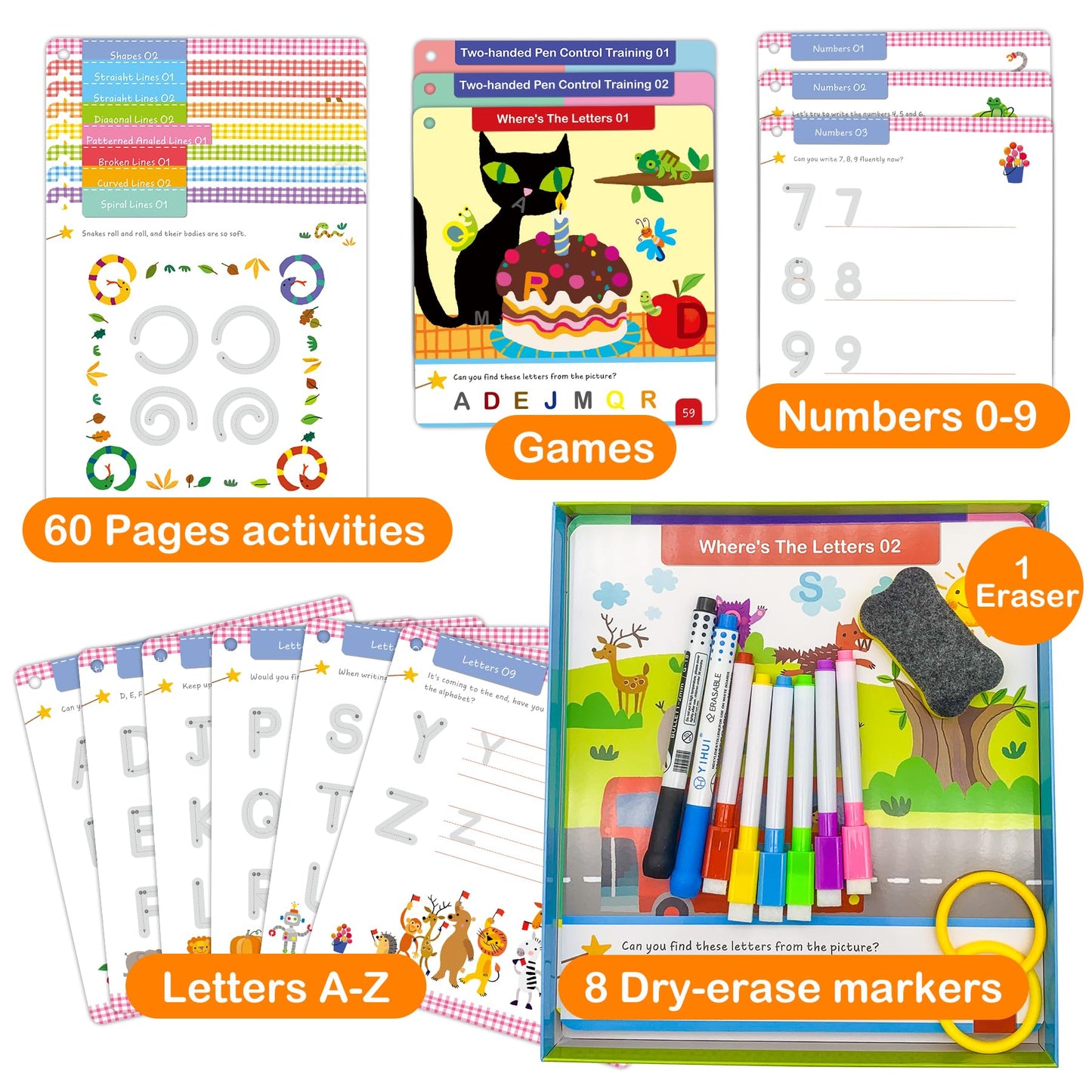 ElitePanda Preschool Learning Activities 60 Dry Erase Pages, Toddler Letter Tracing Books Ages 2 3 4 5, Autism Educational Fine Motor Skill Pre-K Workbook Learning Toy to Write for Kids 3 Year Old