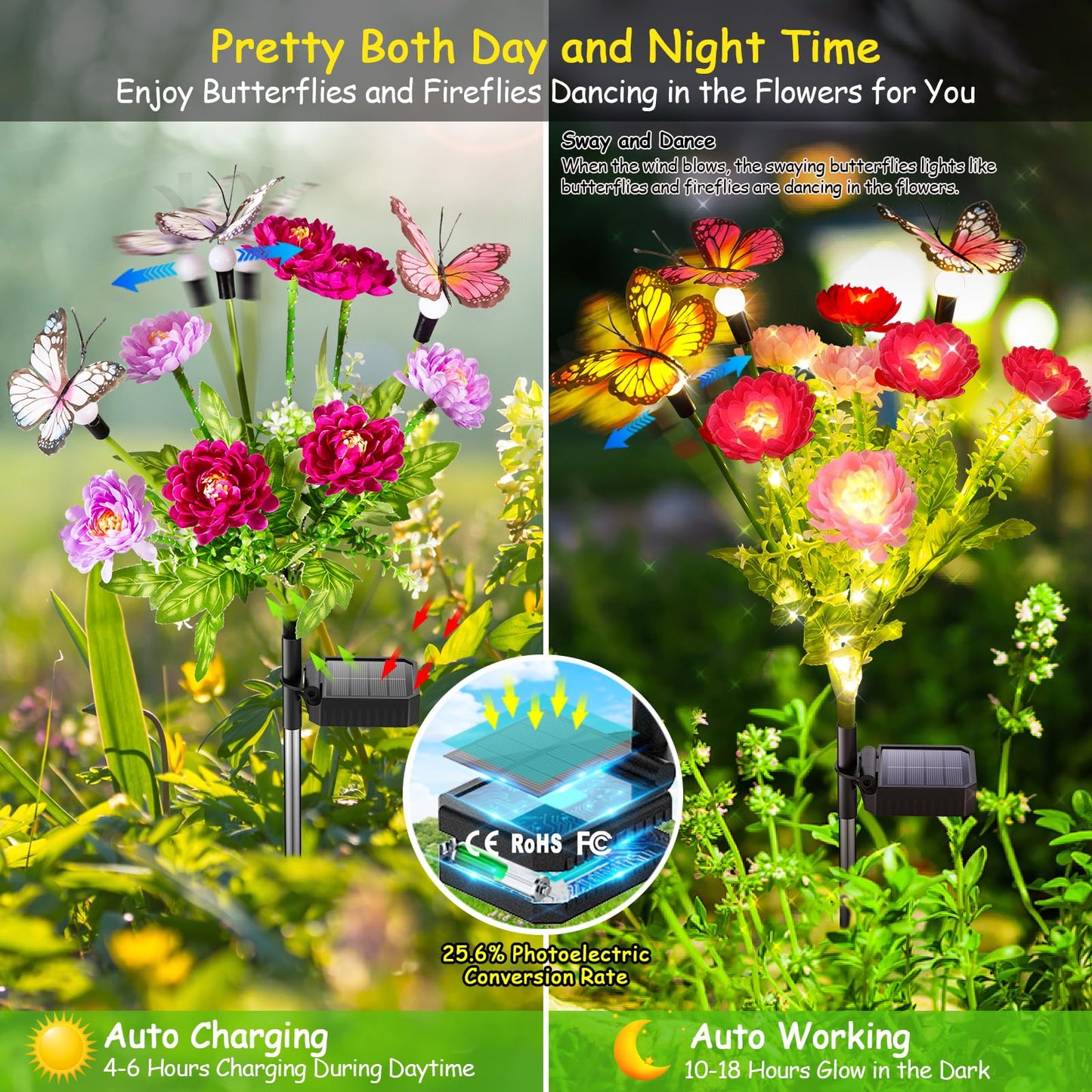 GARPAR Solar Garden Lights, 3 Pack Swaying Solar Lights with 9 Butterflies & 21 Blooming Flowers, Solar Flowers Lights Outdoor Waterproof, Solar Outdoor Lights for Yard Patio Garden Decor, Gift