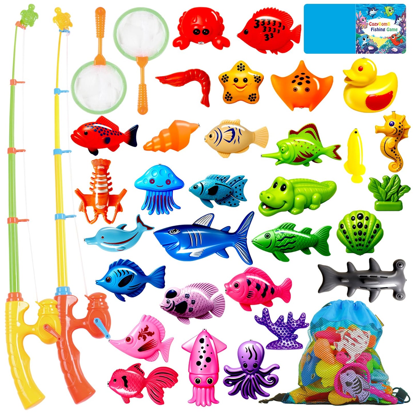 CozyBomB™ Kids Fishing Bath Toys Game | Magnetic Floating Toy Magnet Pole Rod Net, Plastic Floating Fish Toddler Pool Education Teaching and Learning Colors Birthday Age 3 4 5 6 Year